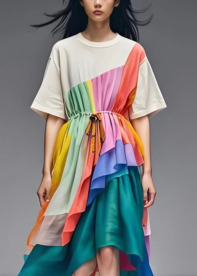 Original Design Asymmetrical Drawstring Patchwork Cotton Dress Summer - Image 3