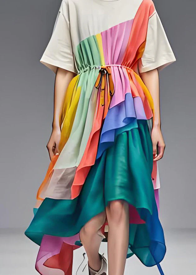 Original Design Asymmetrical Drawstring Patchwork Cotton Dress Summer - Image 4