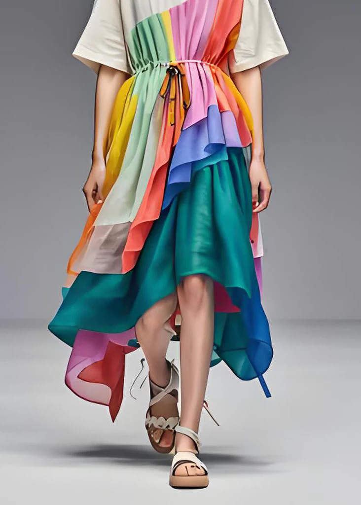 Original Design Asymmetrical Drawstring Patchwork Cotton Dress Summer - Image 5