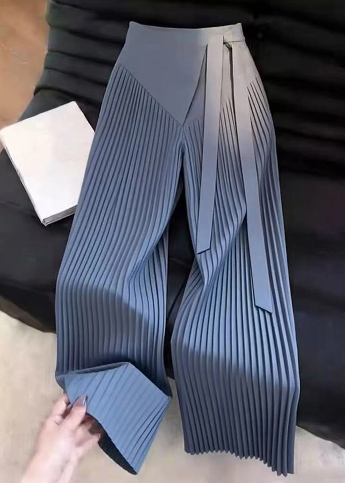 Original Design Asymmetrical Wrinkled Patchwork Tie Waist Wide Leg Pants - Image 5