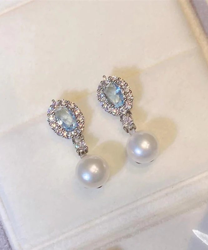 Original Design Baby Blue Copper Overgild Zircon Pearl Drop Earrings - Image 3