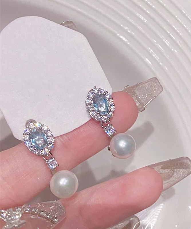 Original Design Baby Blue Copper Overgild Zircon Pearl Drop Earrings - Image 5
