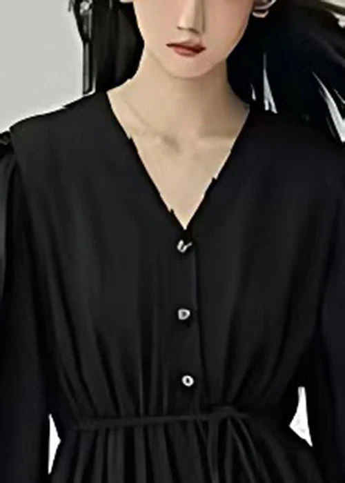 Original Design Black Cinched Cotton Maxi Dresses Lantern Sleeve - Image 2