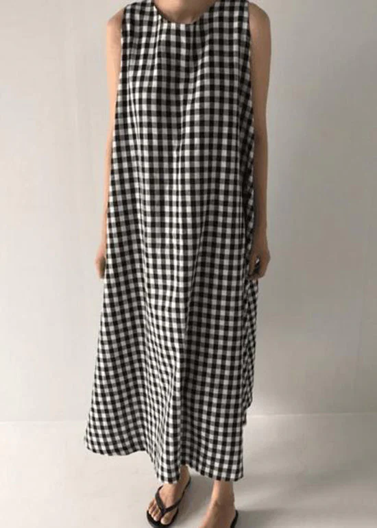 Original Design Black O Neck Plaid Cotton Long Dress Sleeveless - Image 2