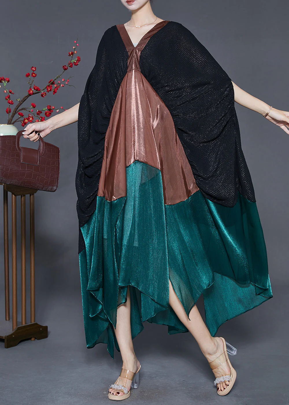 Original Design Black Oversized Patchwork Silk Dress Summer - Image 3