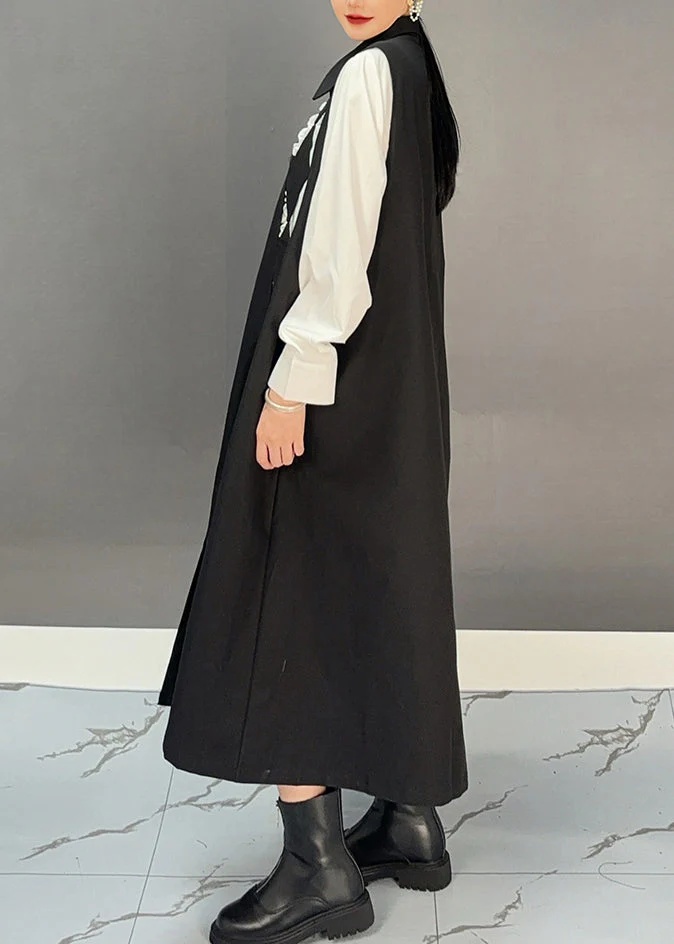 Original Design Black Peter Pan Collar Button Long Dresses Spring - Image 2