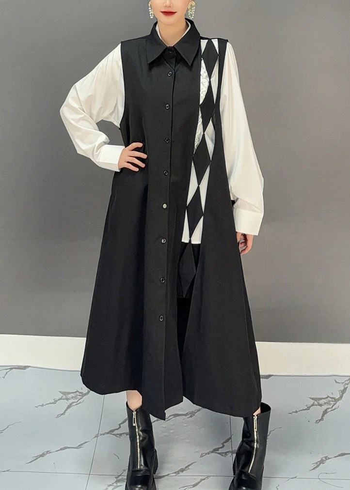 Original Design Black Peter Pan Collar Button Long Dresses Spring - Image 3