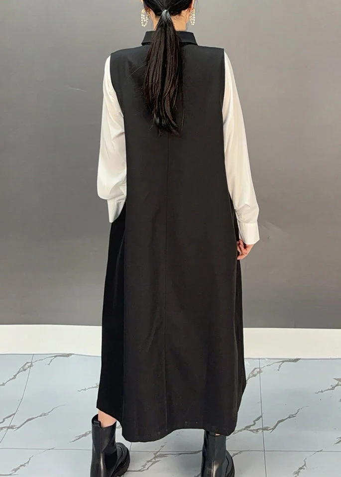 Original Design Black Peter Pan Collar Button Long Dresses Spring - Image 4