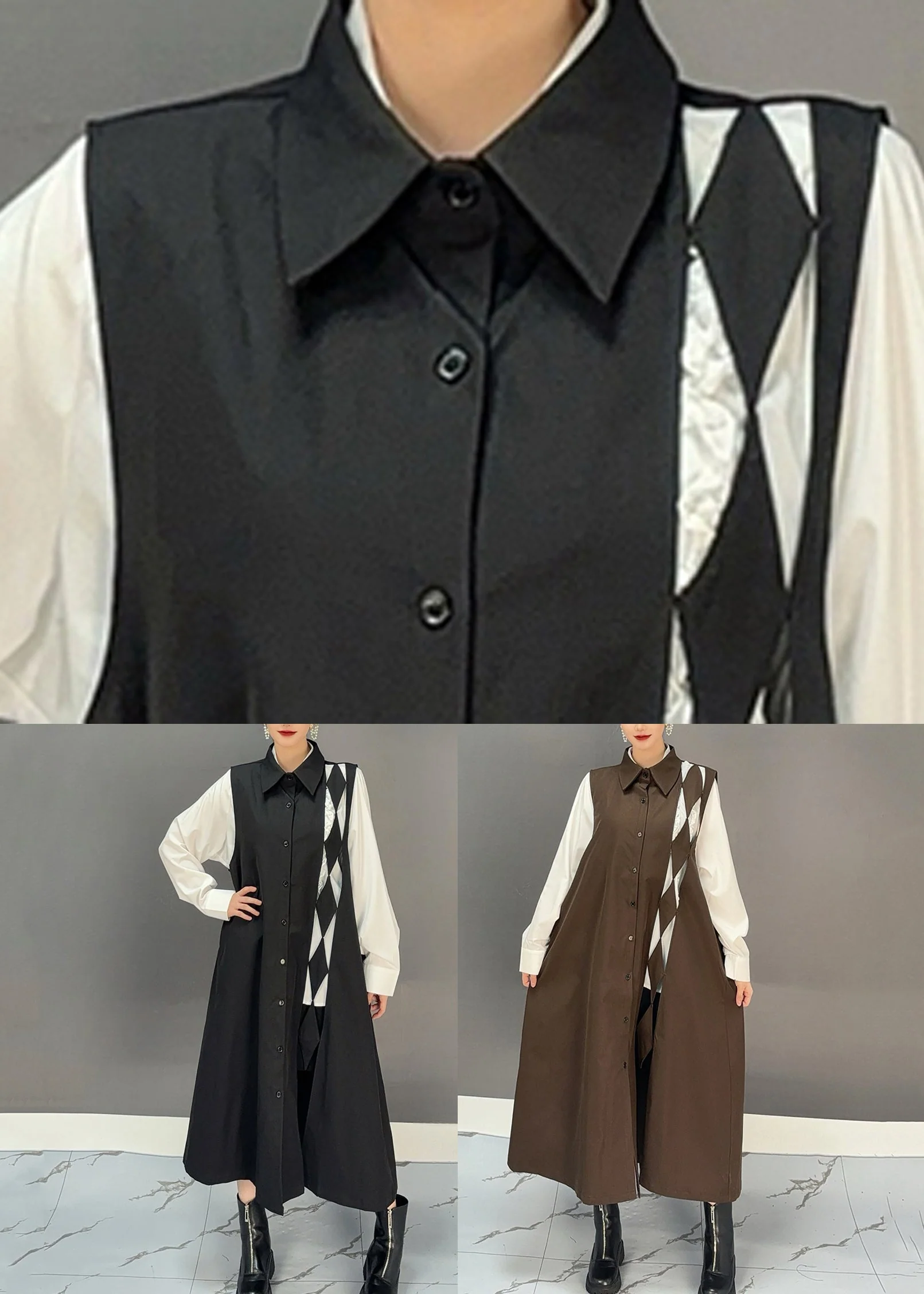 Original Design Black Peter Pan Collar Button Long Dresses Spring - Image 5
