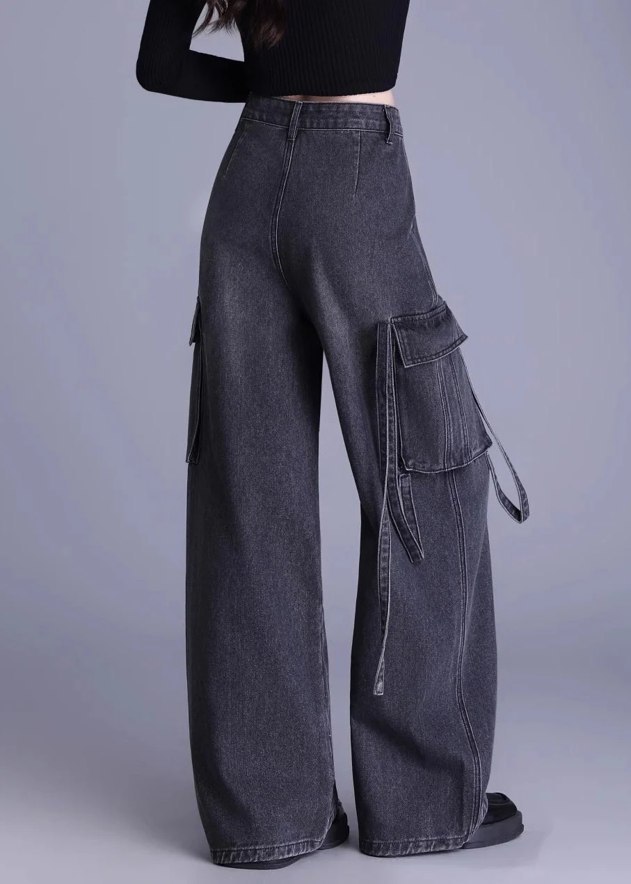 Original Design Black Pockets High Waist Denim Wide Leg Pants Spring - Image 3
