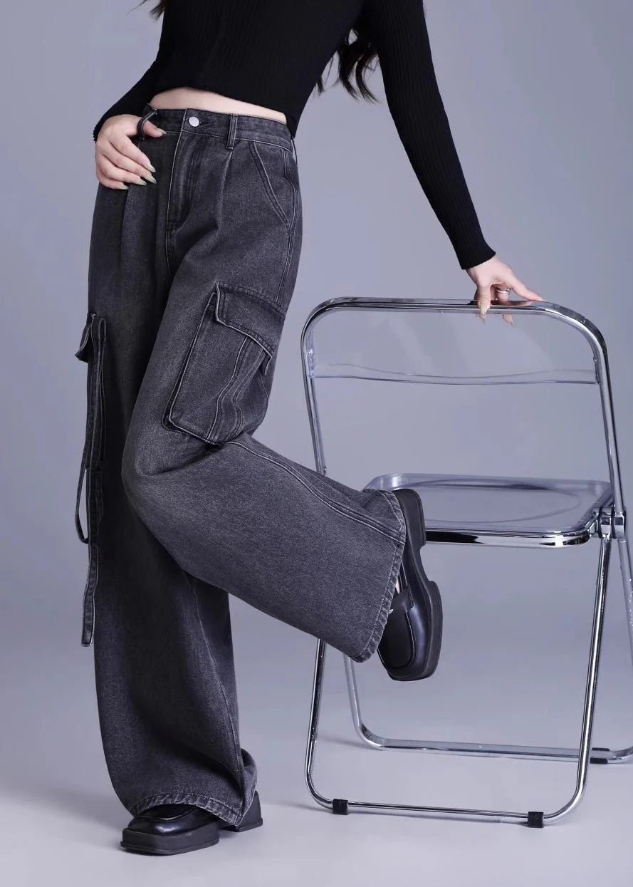 Original Design Black Pockets High Waist Denim Wide Leg Pants Spring - Image 4
