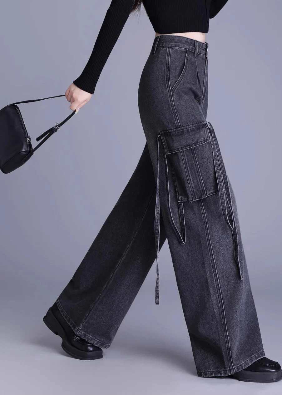 Original Design Black Pockets High Waist Denim Wide Leg Pants Spring - Image 5