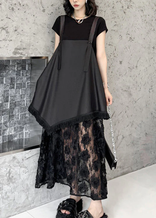 Original Design Black Ruffled Lace Strap Dress Summer - Image 3