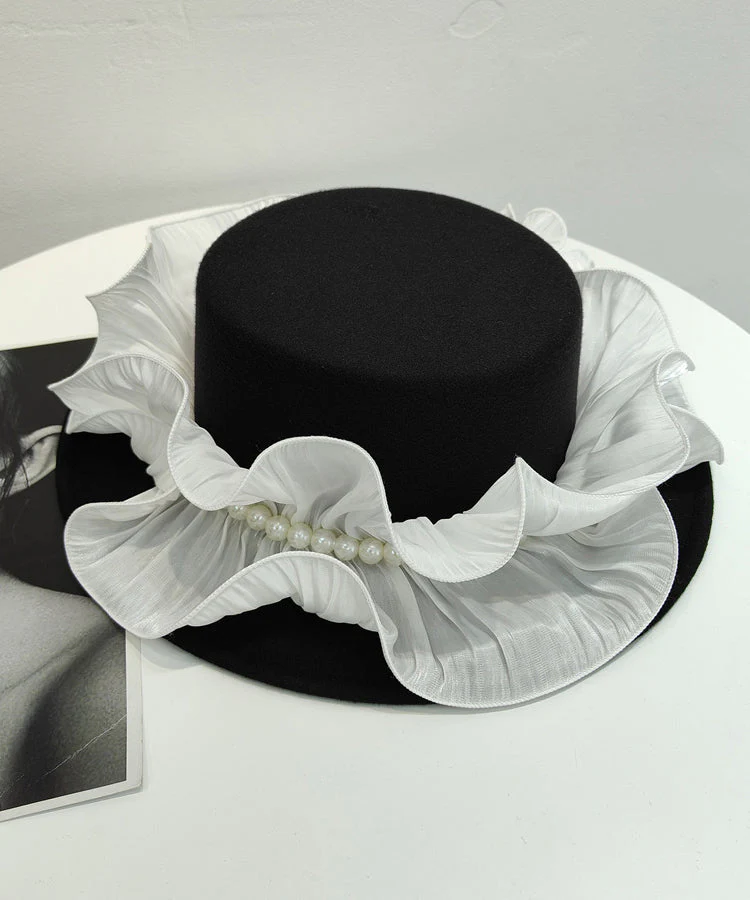 Original Design Black Ruffled Nail Bead Woolen Cloche Hat - Image 3