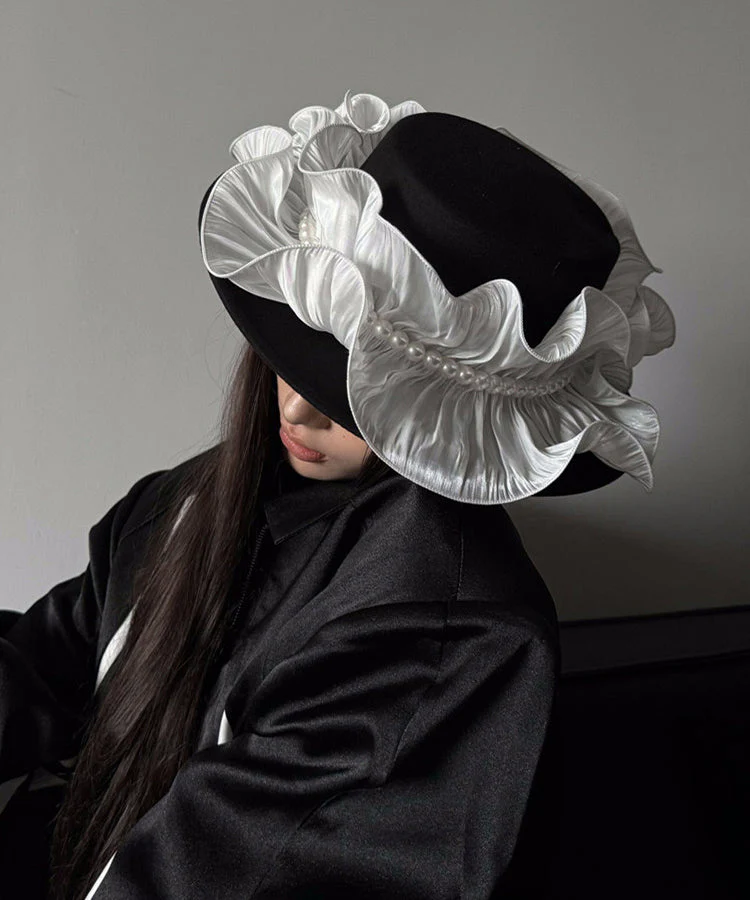 Original Design Black Ruffled Nail Bead Woolen Cloche Hat - Image 5