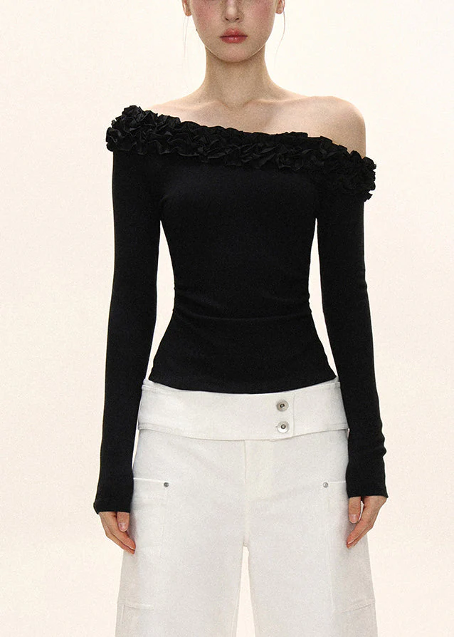Original Design Black Slash Neck Wrinkled Patchwork Slim Top Fall - Image 2