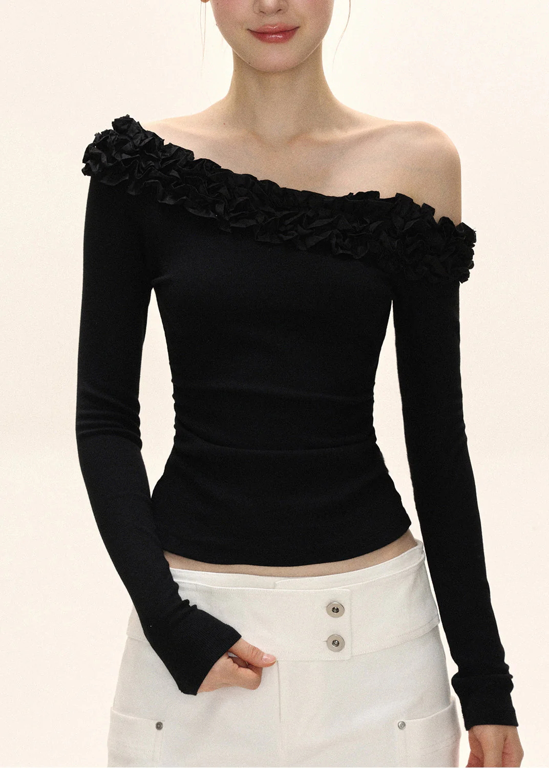 Original Design Black Slash Neck Wrinkled Patchwork Slim Top Fall - Image 3