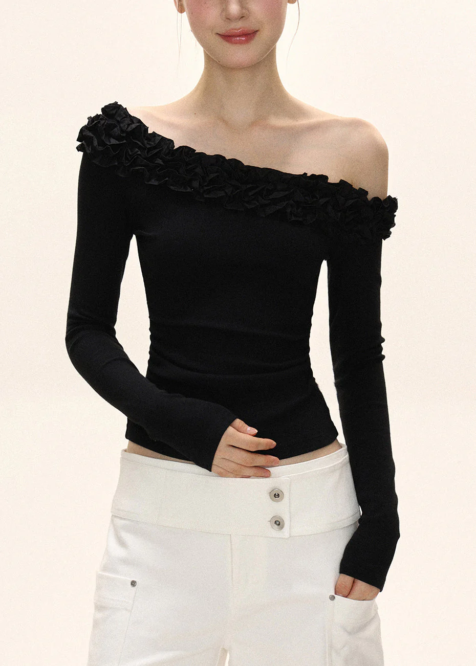 Original Design Black Slash Neck Wrinkled Patchwork Slim Top Fall - Image 4