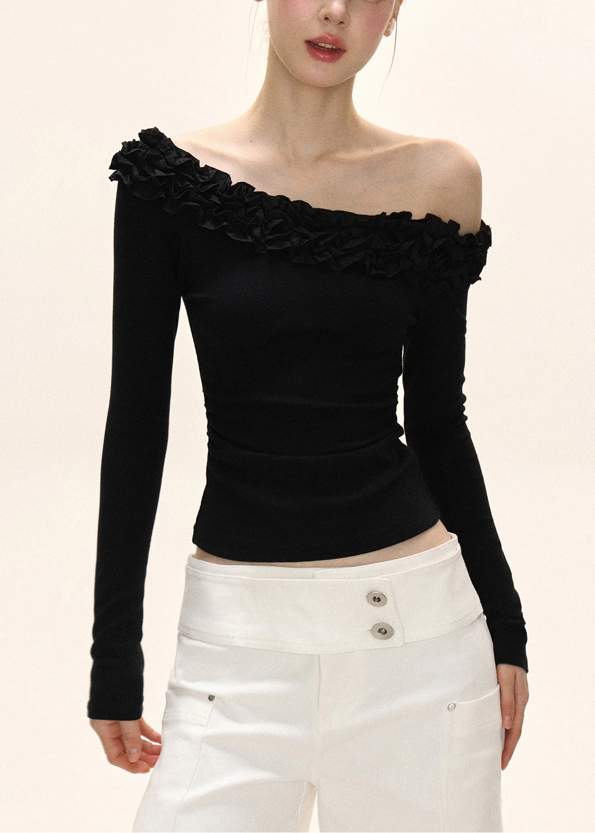 Original Design Black Slash Neck Wrinkled Patchwork Slim Top Fall - Image 5