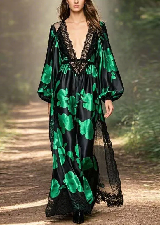 Original Design Black V Neck Print Silk Maxi Dresses Spring - Image 3