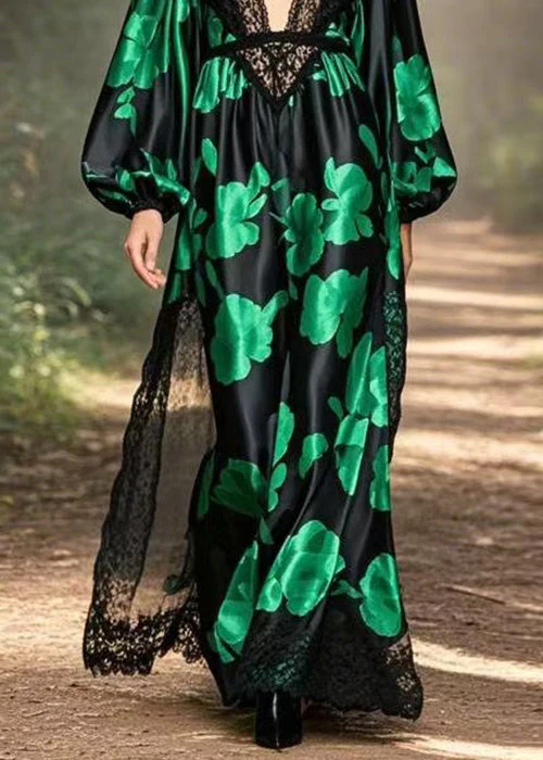 Original Design Black V Neck Print Silk Maxi Dresses Spring - Image 4
