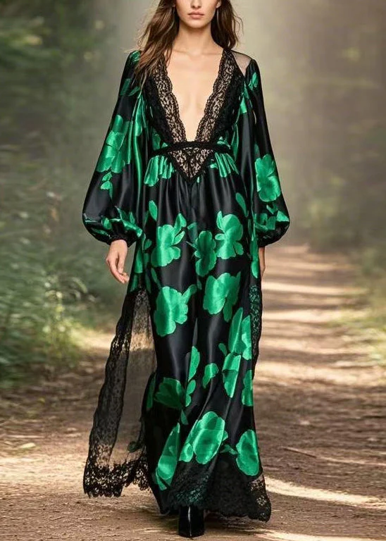 Original Design Black V Neck Print Silk Maxi Dresses Spring - Image 5