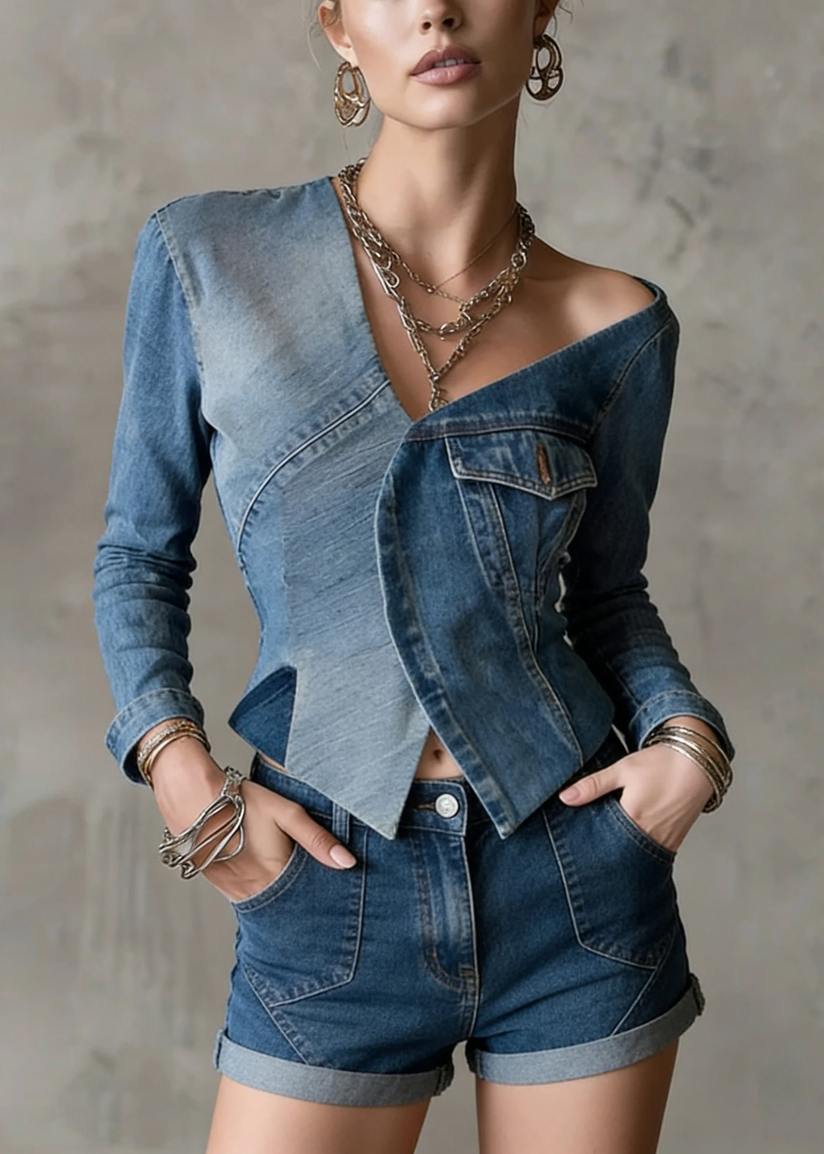 Original Design Blue Asymmetrical Patchwork Denim Coats Spring - Image 3
