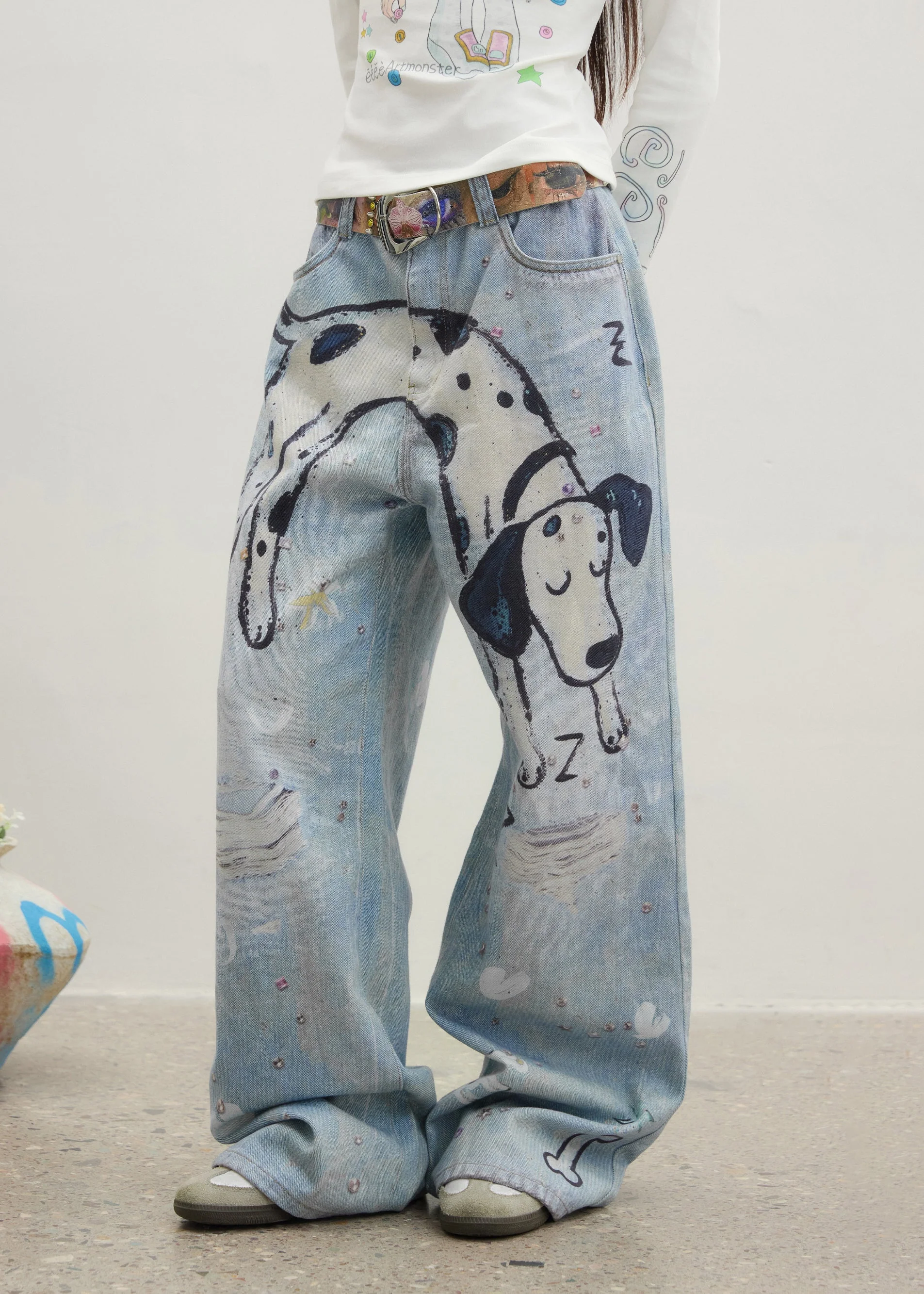 Original Design Blue Cartoon Print Zircon Denim Pants Spring - Image 2
