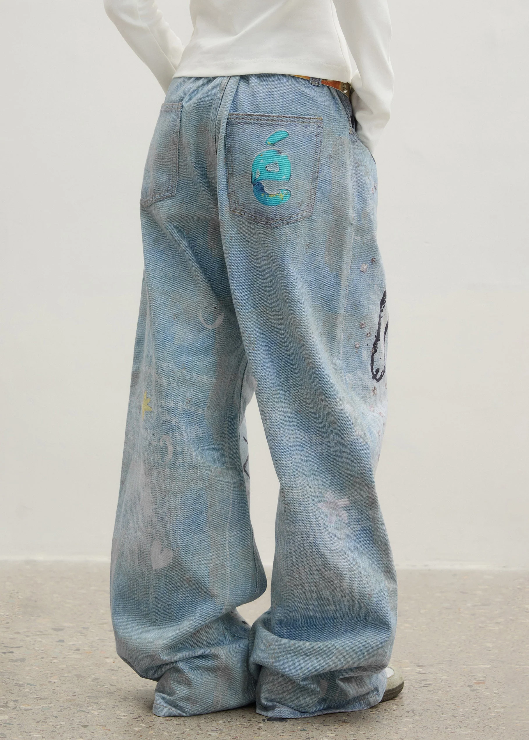 Original Design Blue Cartoon Print Zircon Denim Pants Spring - Image 3