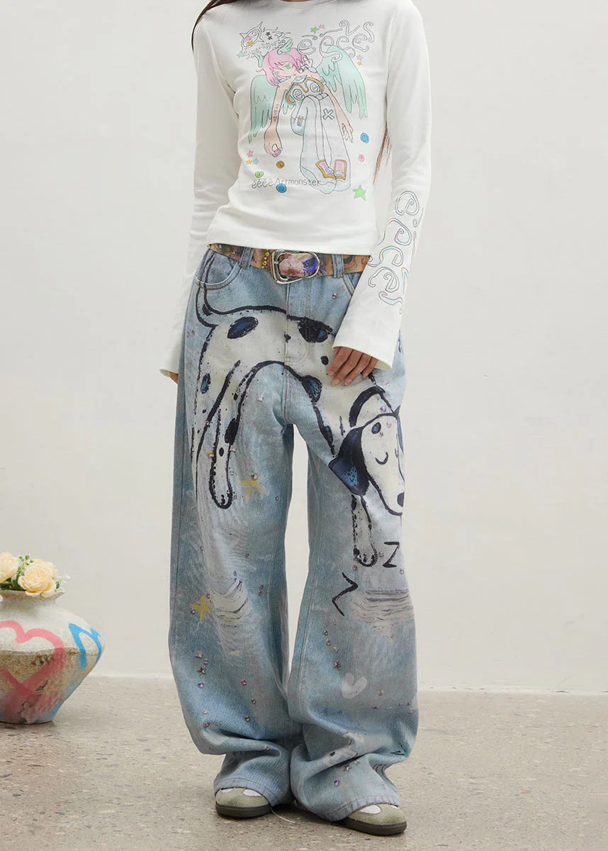 Original Design Blue Cartoon Print Zircon Denim Pants Spring - Image 4