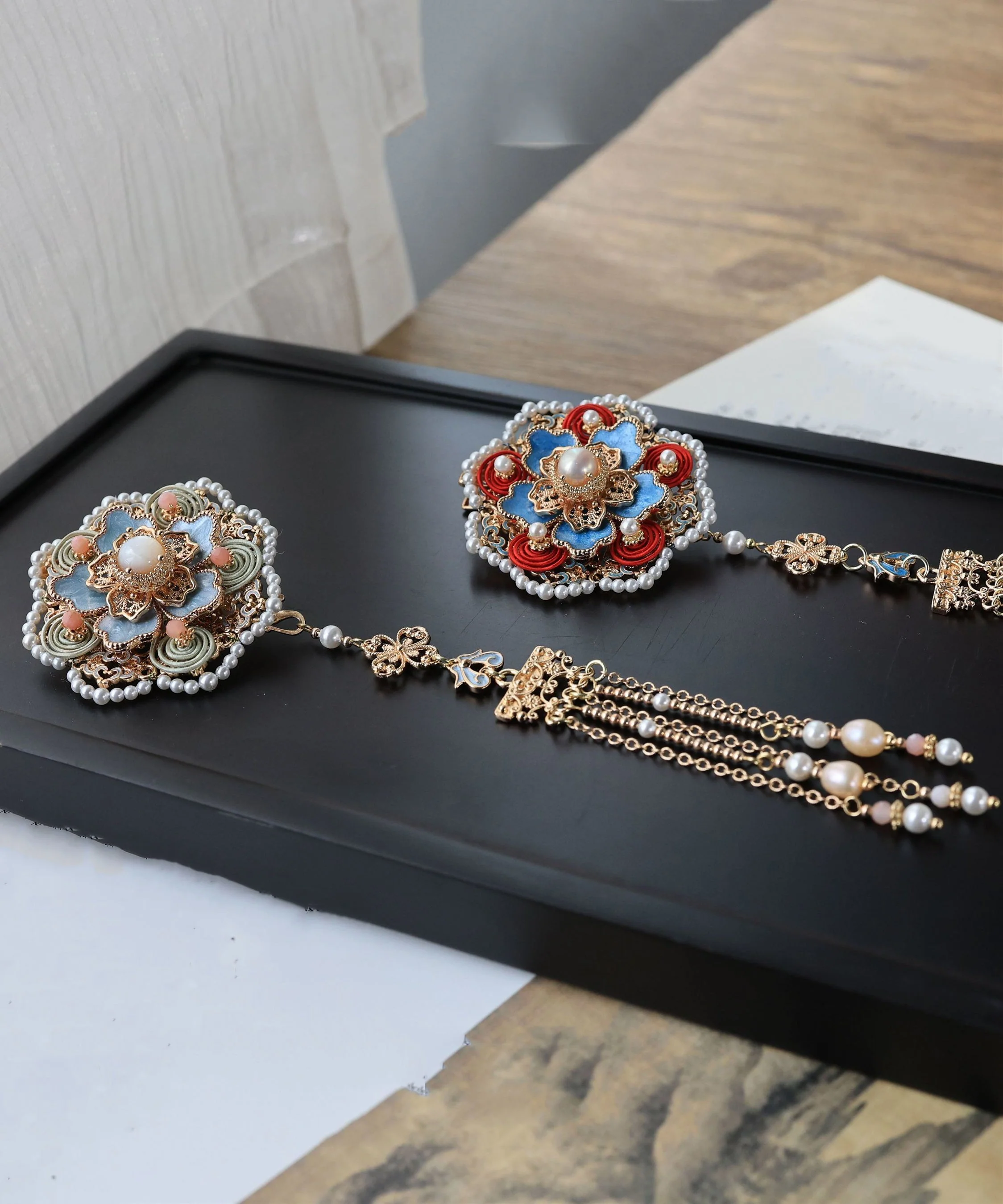 Original Design Blue Copper Overgild Shell Pearl Tassel Hairpin - Image 5