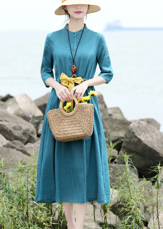 Original Design Blue Green Stand Collar Tie Waist Linen Long Dress Half Sleeve - Image 2