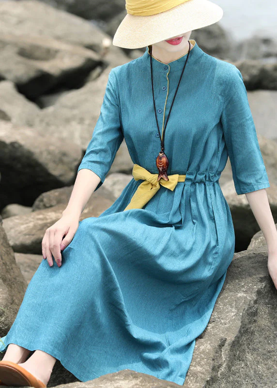 Original Design Blue Green Stand Collar Tie Waist Linen Long Dress Half Sleeve - Image 3