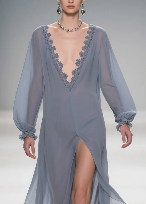 Original Design Blue Lace Side Open Solid Long Dress Lantern Sleeve - Image 2