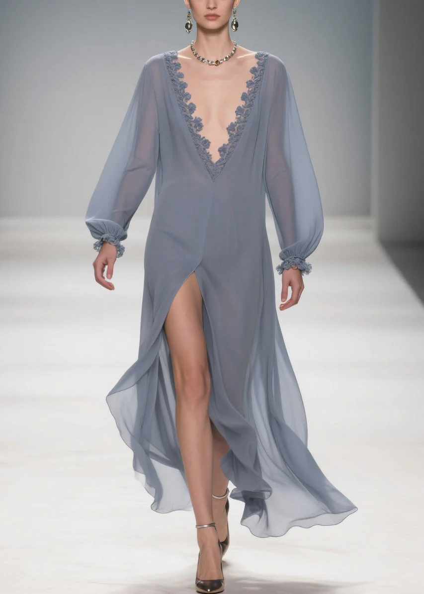 Original Design Blue Lace Side Open Solid Long Dress Lantern Sleeve - Image 3