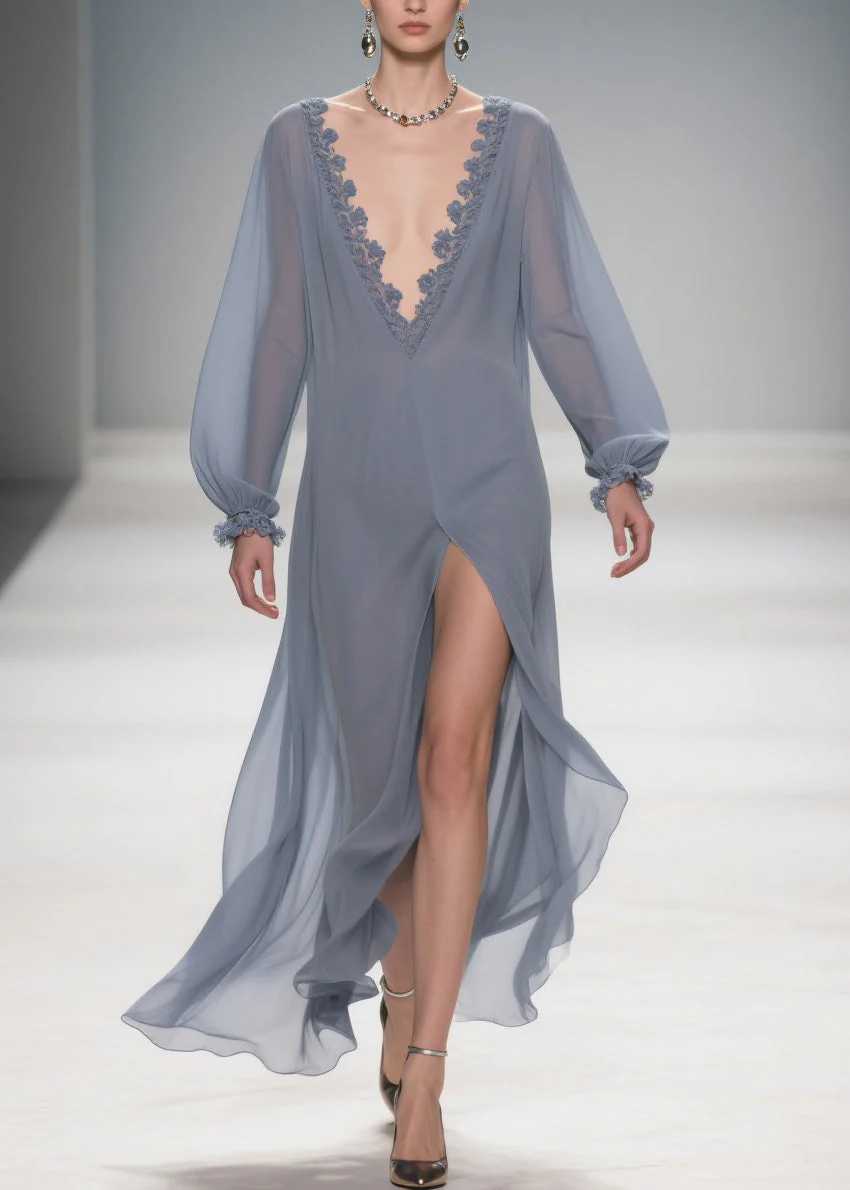 Original Design Blue Lace Side Open Solid Long Dress Lantern Sleeve - Image 5