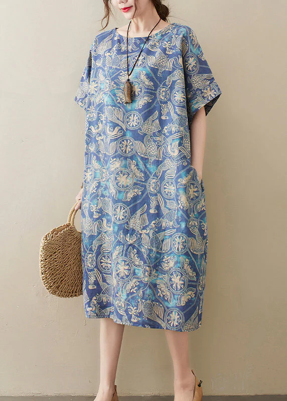 Original Design Blue O-Neck Print Cotton Loose Dress Short Sleeve - Image 3