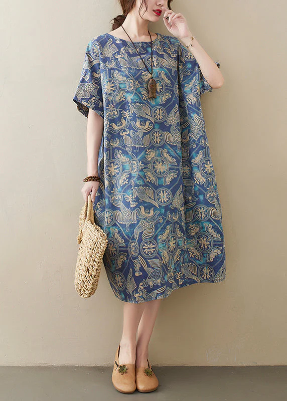 Original Design Blue O-Neck Print Cotton Loose Dress Short Sleeve - Image 4