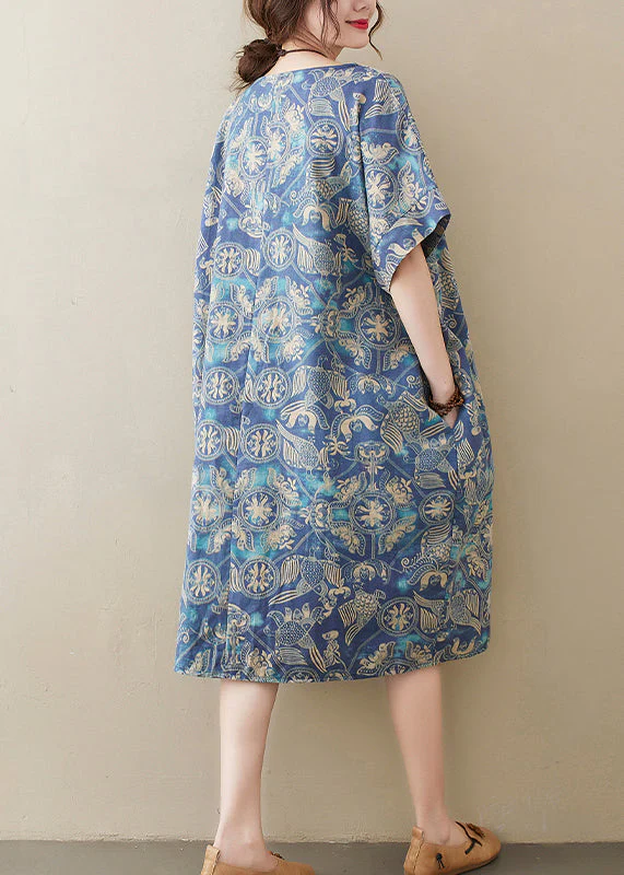 Original Design Blue O-Neck Print Cotton Loose Dress Short Sleeve - Image 5