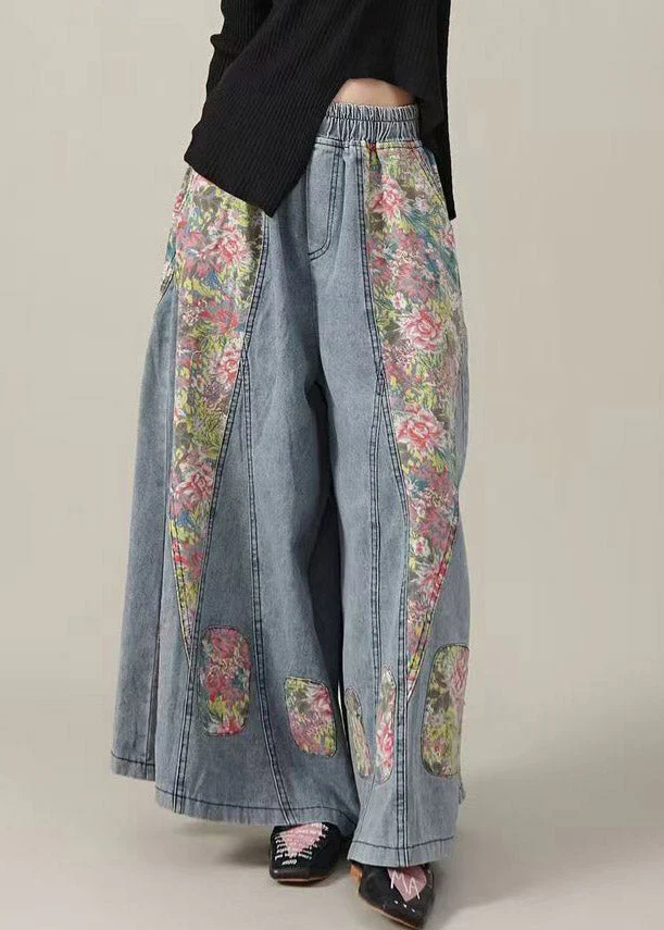 Original Design Blue Pockets Elastic Waist Print Patchwork Wide Leg Jeans - Image 2