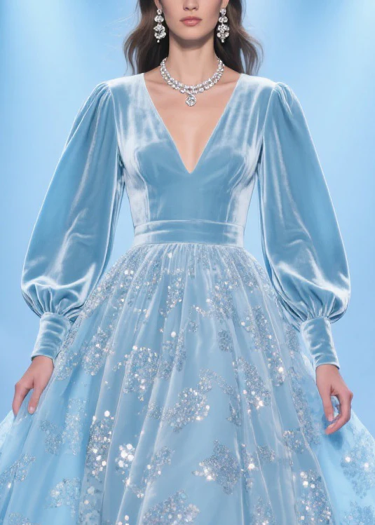 Original Design Blue Print Patchwork Silk Velvet Party Dress Spring - Image 2