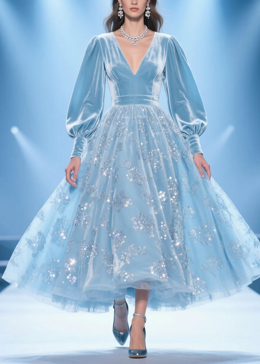 Original Design Blue Print Patchwork Silk Velvet Party Dress Spring - Image 3