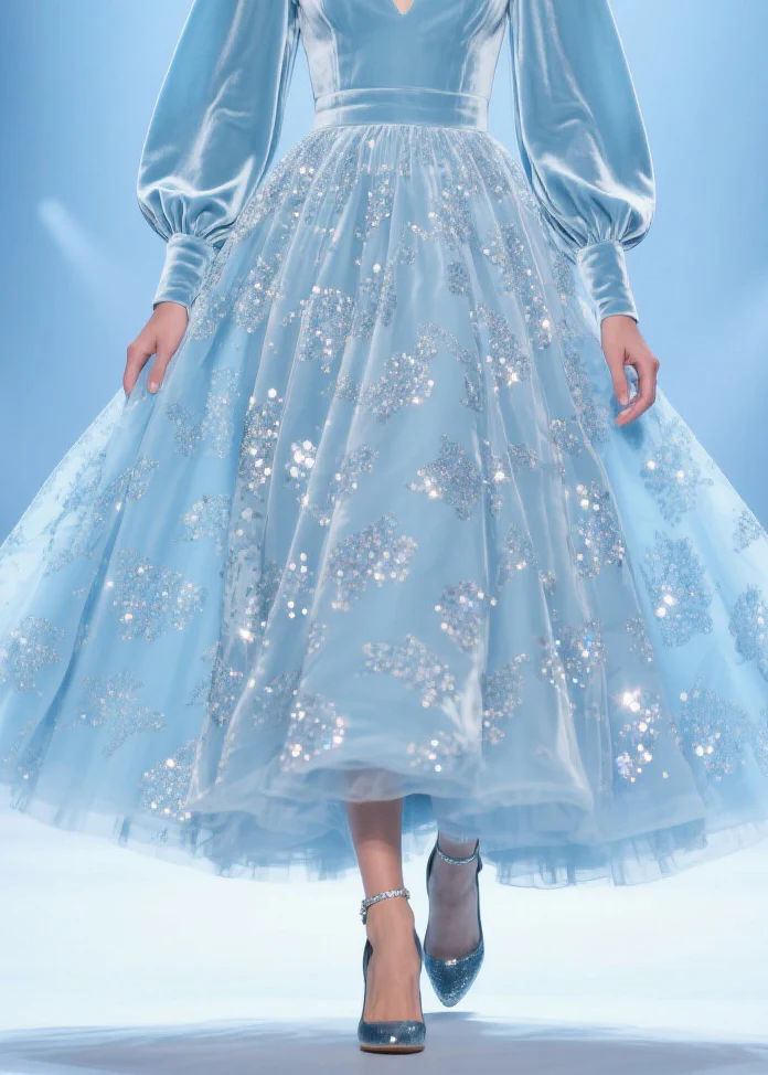 Original Design Blue Print Patchwork Silk Velvet Party Dress Spring - Image 4