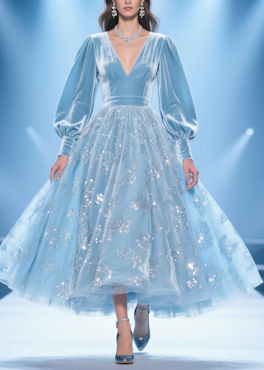 Original Design Blue Print Patchwork Silk Velvet Party Dress Spring - Image 5