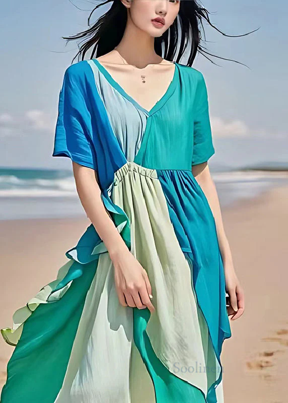 Original Design Blue V Neck Patchwork Linen Party Dress Summer - Image 2