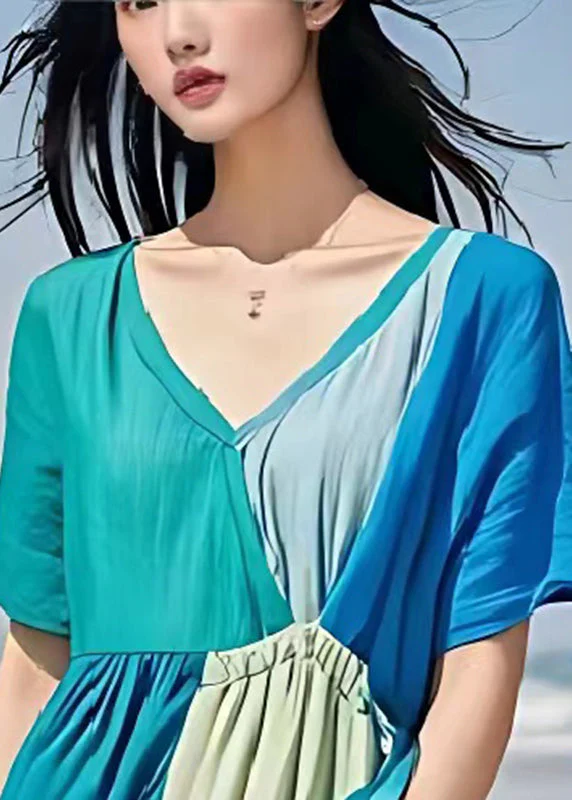 Original Design Blue V Neck Patchwork Linen Party Dress Summer - Image 3