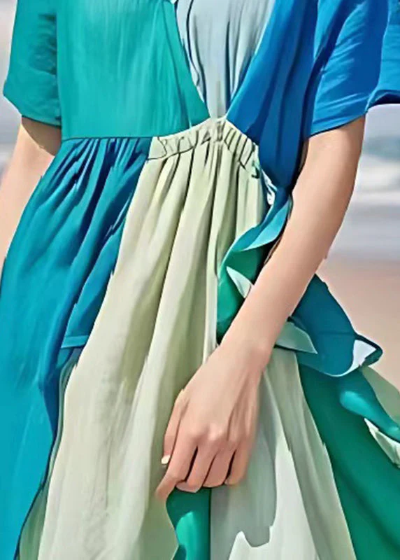 Original Design Blue V Neck Patchwork Linen Party Dress Summer - Image 4