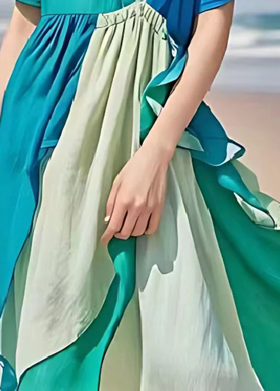 Original Design Blue V Neck Patchwork Linen Party Dress Summer - Image 5