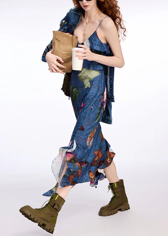 Original Design Blue V Neck Print Denim Spaghetti Strap Dress Sleeveless - Image 3