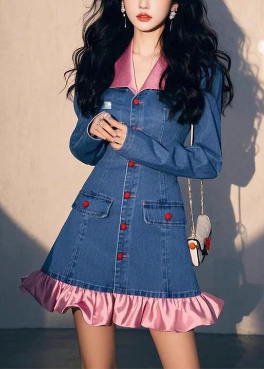 Original Design Blue Wrinkled Patchwork Denim Mid Dress Fall - Image 2